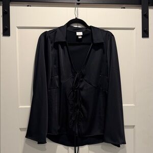 a new day Black Satin Tie-Front Long Sleeve Blouse